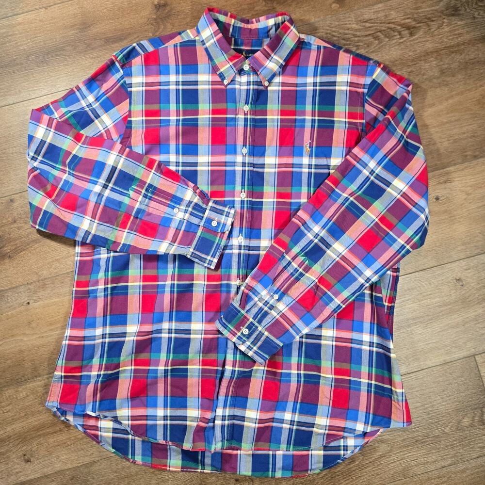 Polo Ralph Lauren Dress Shirt Mens 2XL Red Plaid No Iron Button Down Preppy XXL